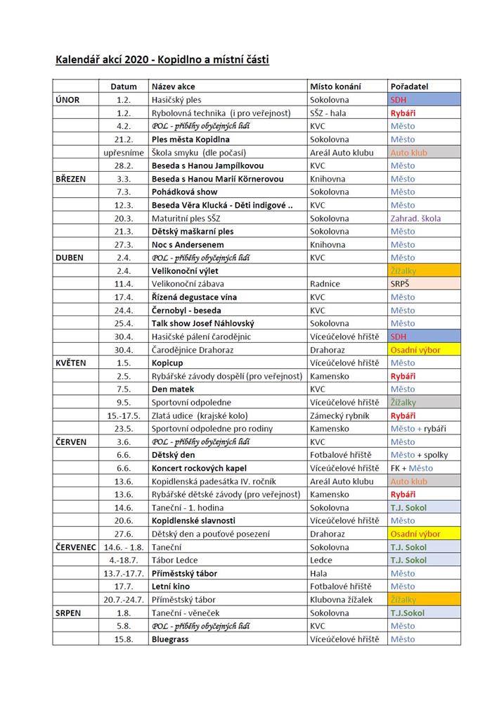 Kalendář akcí na rok 2020 I. str.