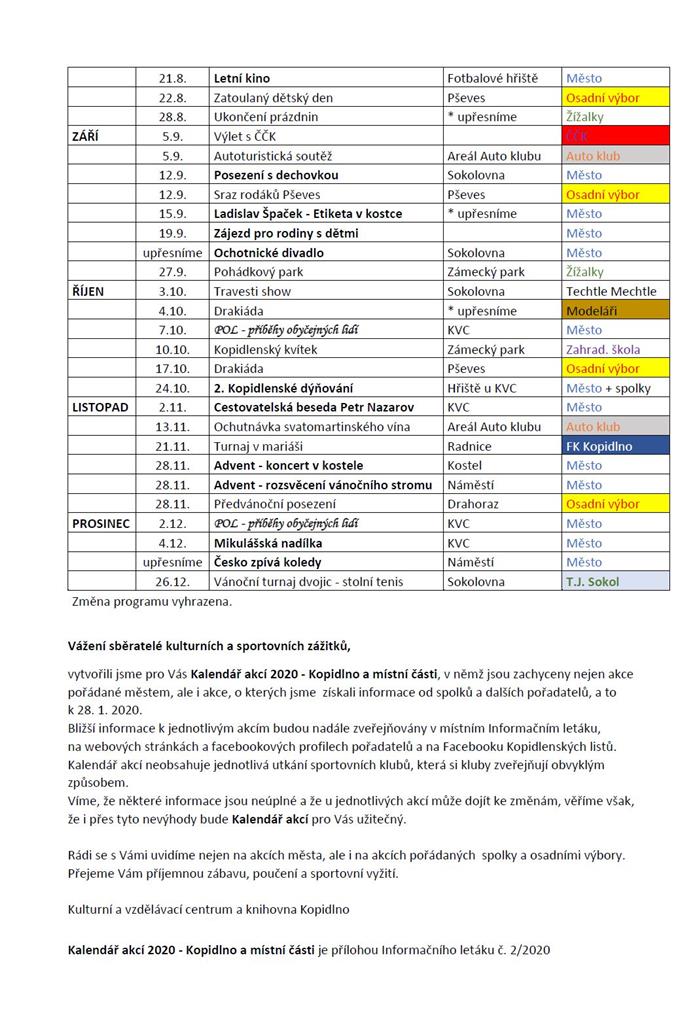 Kalendář akcí na rok 2020 II. str.
