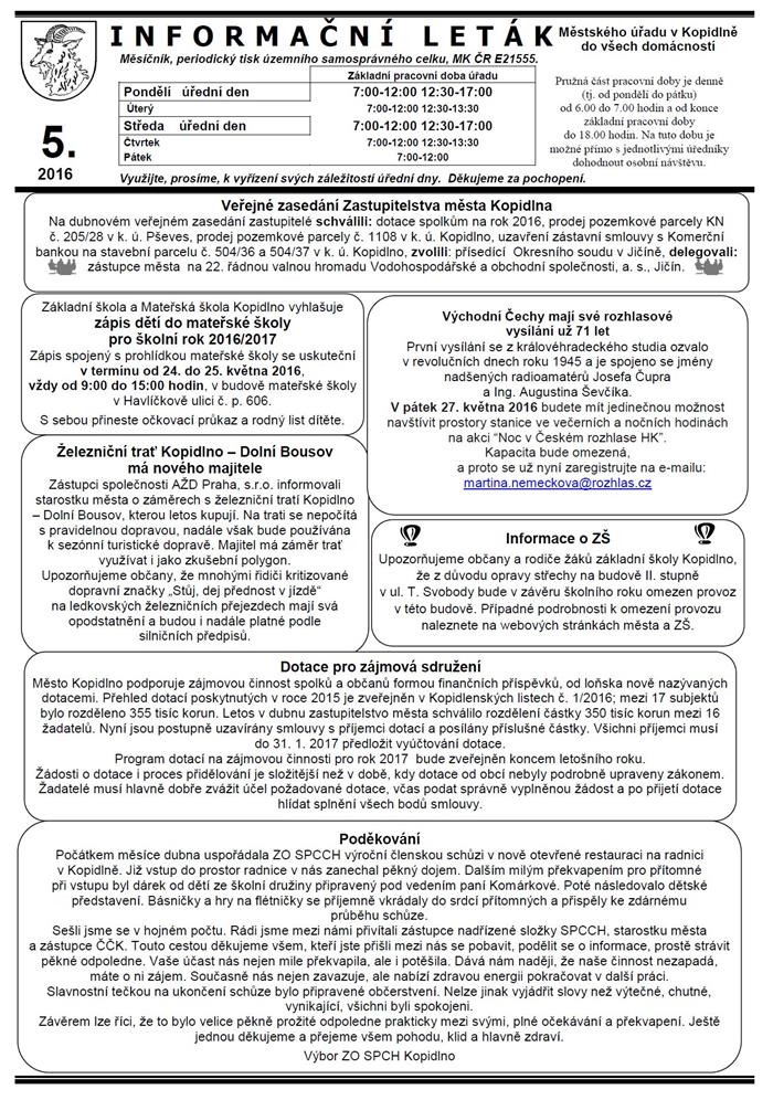 Informační leták - květen 2016 (I. strana)